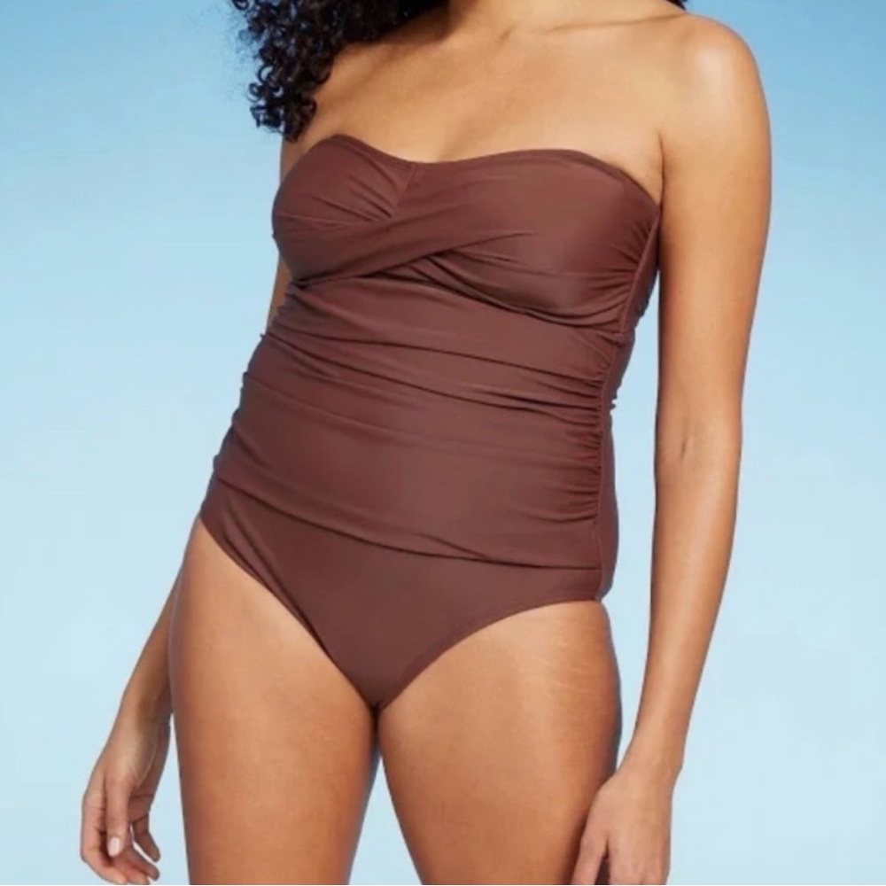 NWT Kona Sol Brown Strapless Ruched One Piece Swimsuit M 8-10 - Picture 7 of 8